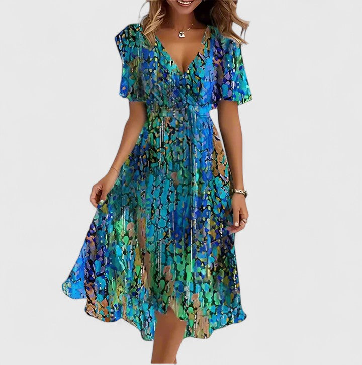 Elegant women's floral midi dress with flutter sleeves & V-neck, perfect for spring/summer parties.
