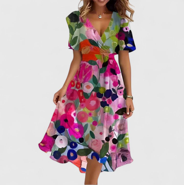 Casual women's floral print midi dress with soft flutter sleeves & flattering V-neckline for day wear.