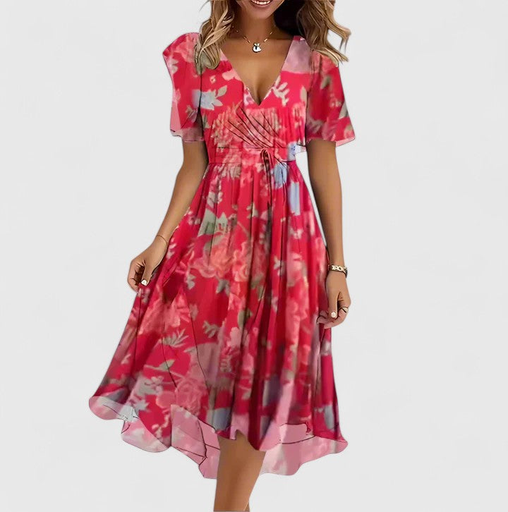 Women's elegant floral midi dress, designed with feminine flutter sleeves and a sophisticated V-neck.