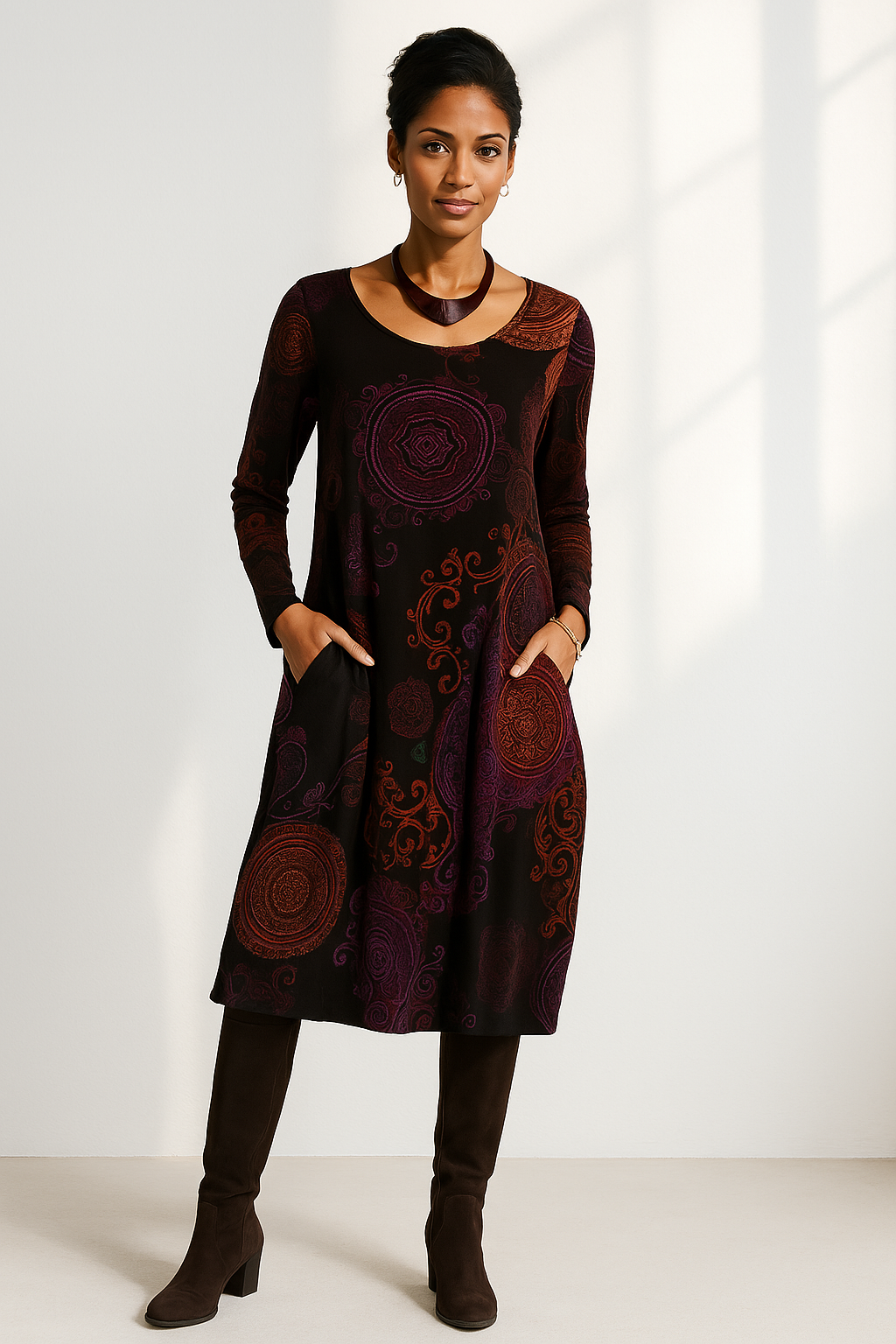 Elegant women's floral midi dress with long sleeves, perfect for spring and fall fashion.