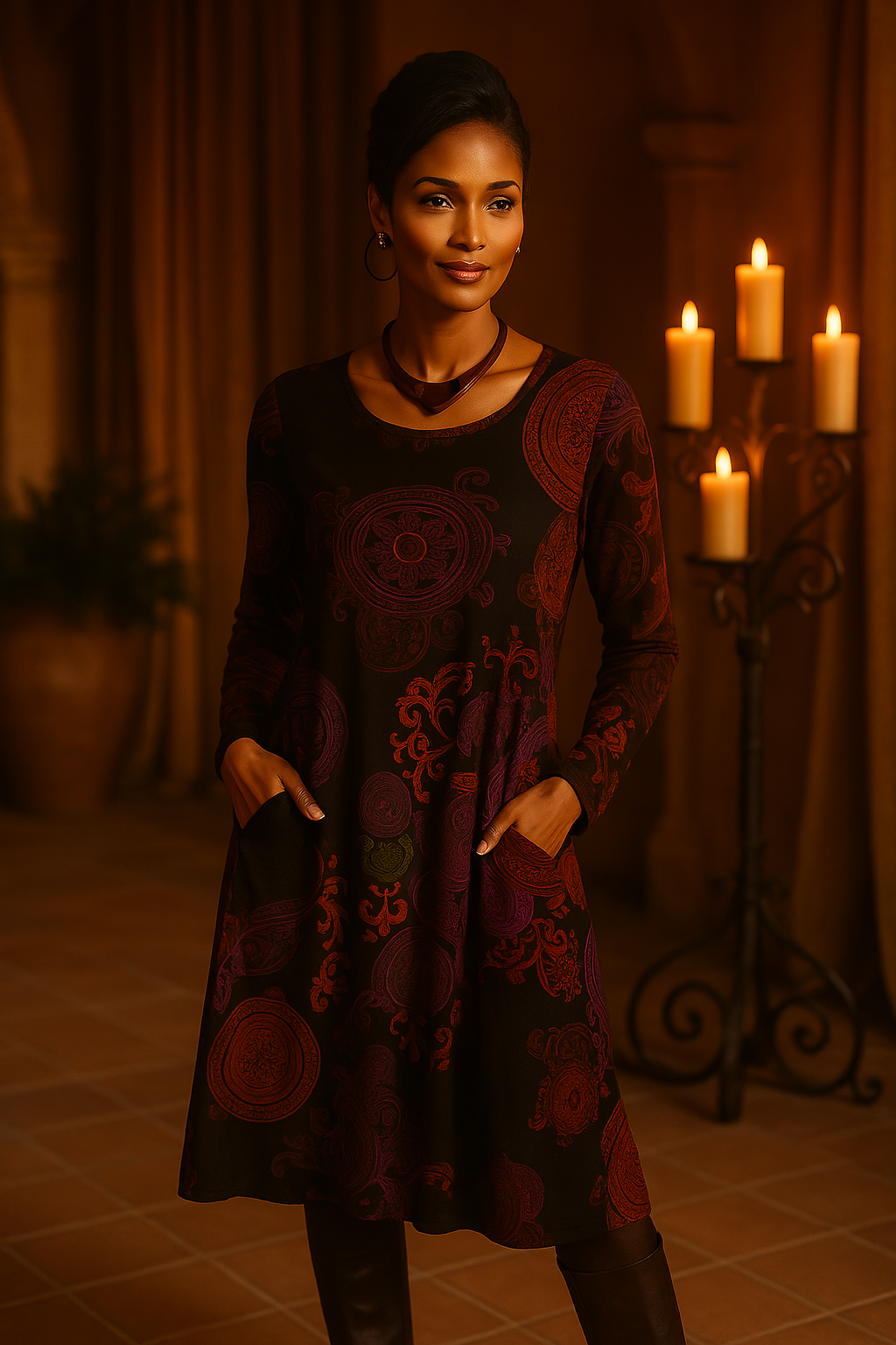 Bohemian floral long sleeve midi dress for women, offering a versatile and chic look.