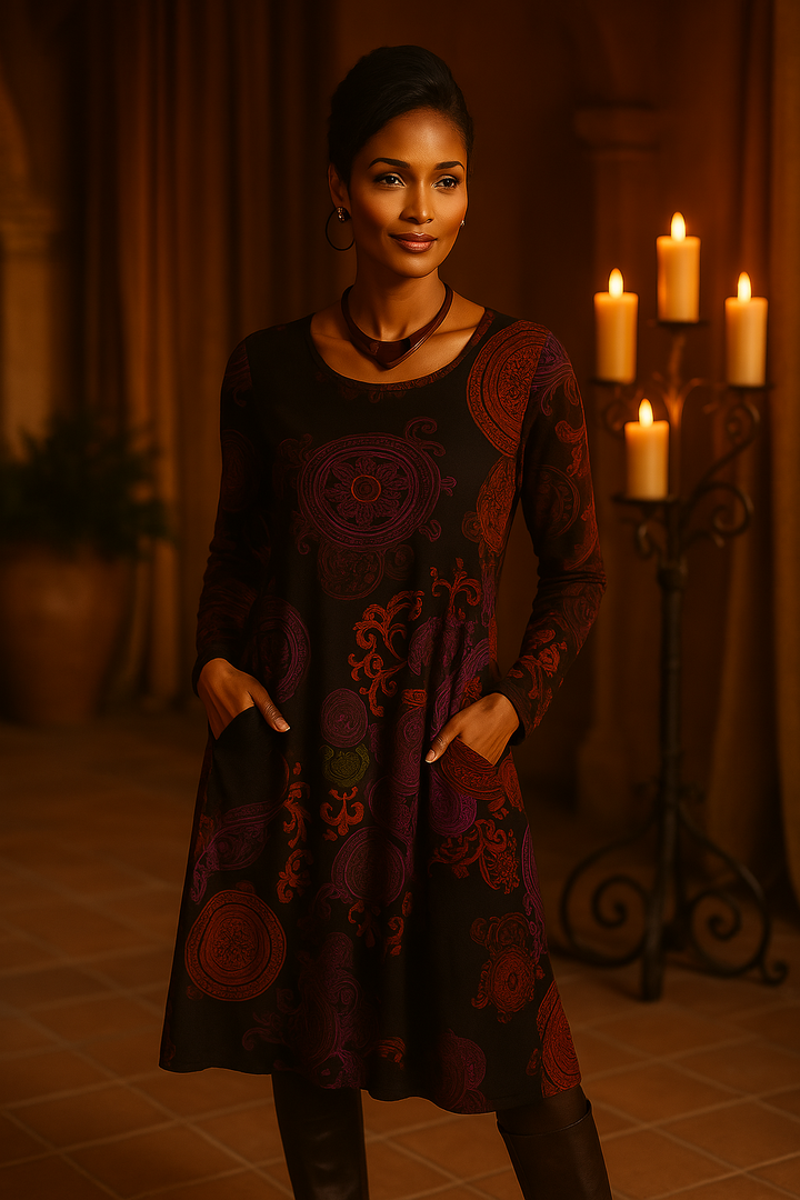 Bohemian floral long sleeve midi dress for women, offering a versatile and chic look.