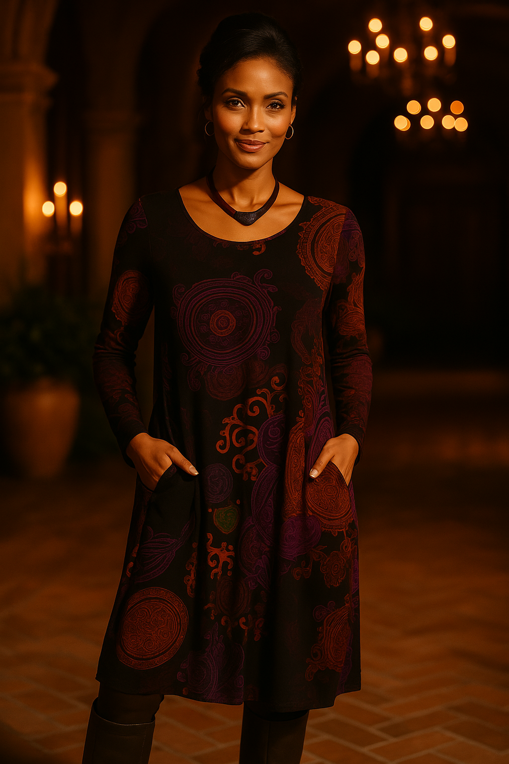 Women's elegant midi dress featuring a vibrant floral print and long sleeves for sophisticated style.