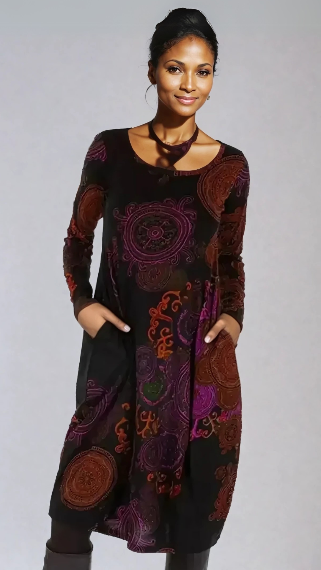 Stylish women's fall floral midi dress with long sleeves, ideal for casual and elegant occasions.