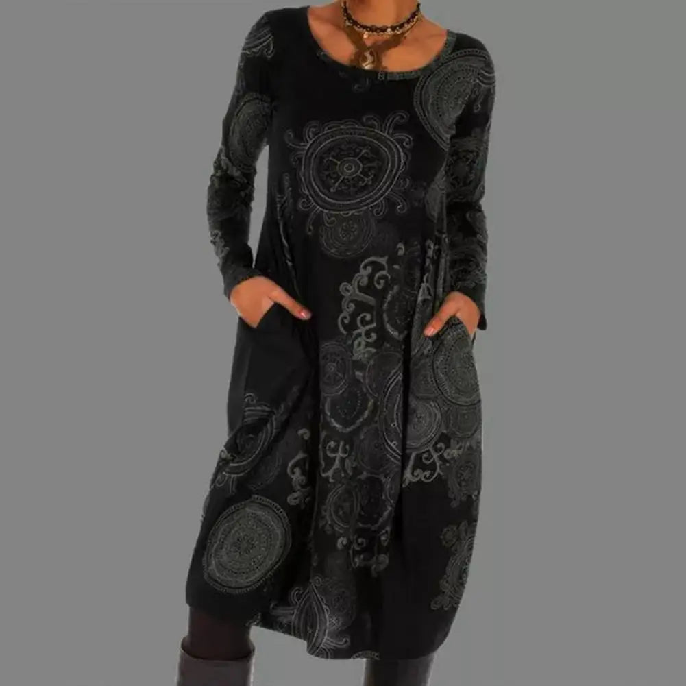 Graceful long sleeve floral midi dress for women, blending bohemian charm with elegant design.