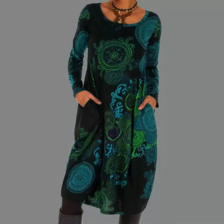 Women's elegant long sleeve floral midi dress, perfect for spring brunches or casual autumn outings.