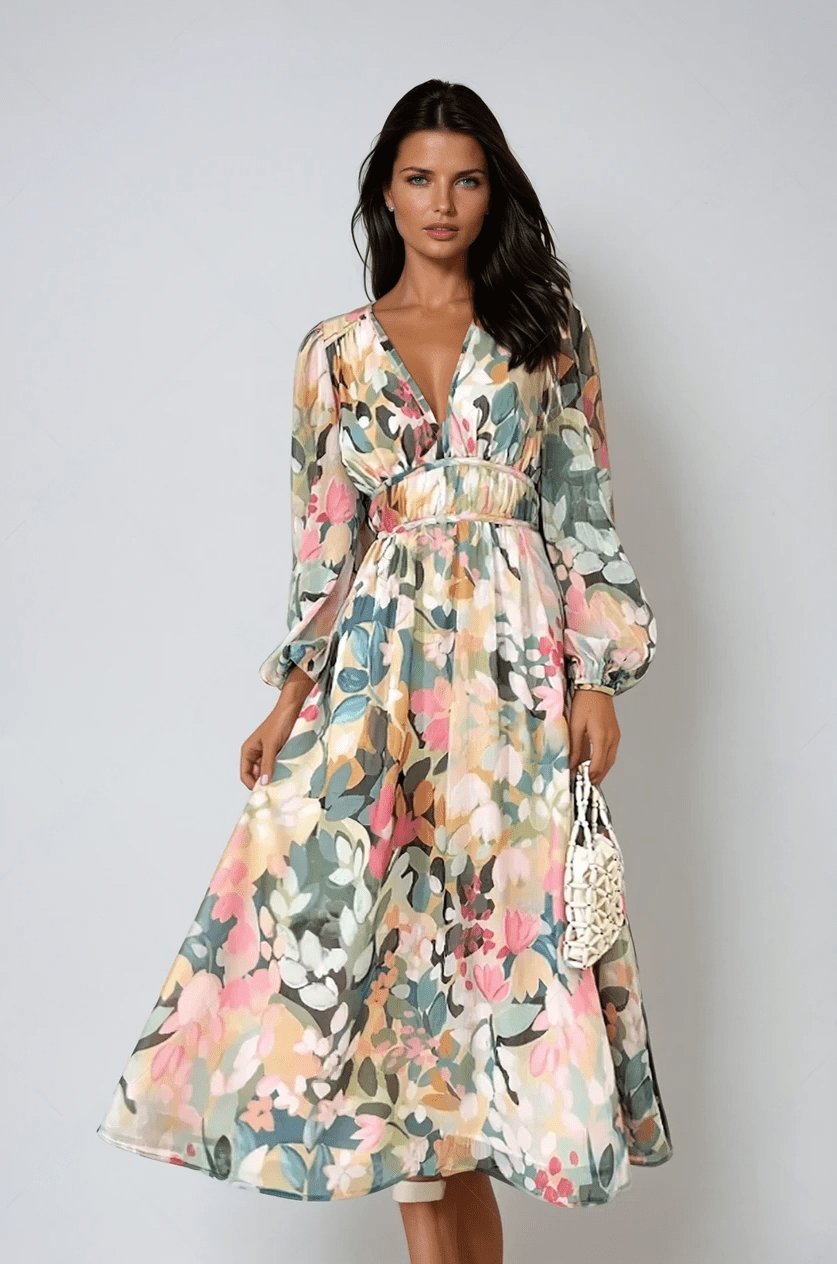 Elegant women's floral midi wedding guest dress with V-neck & long sleeves, ideal for special occasions.