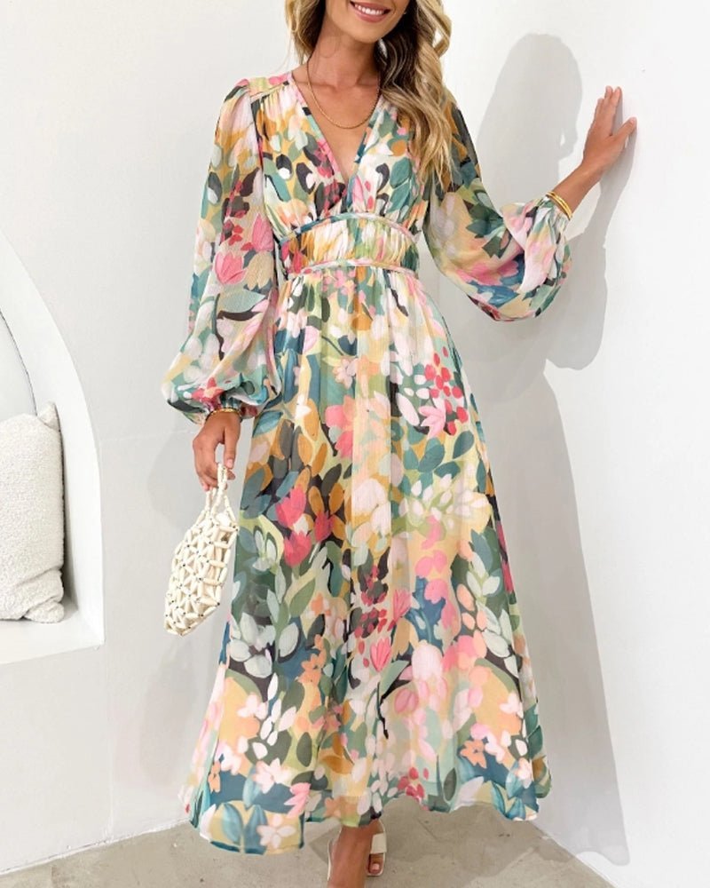 Feminine A-line floral midi dress for women, featuring a V-neck, long sleeves, perfect for parties & brunch.