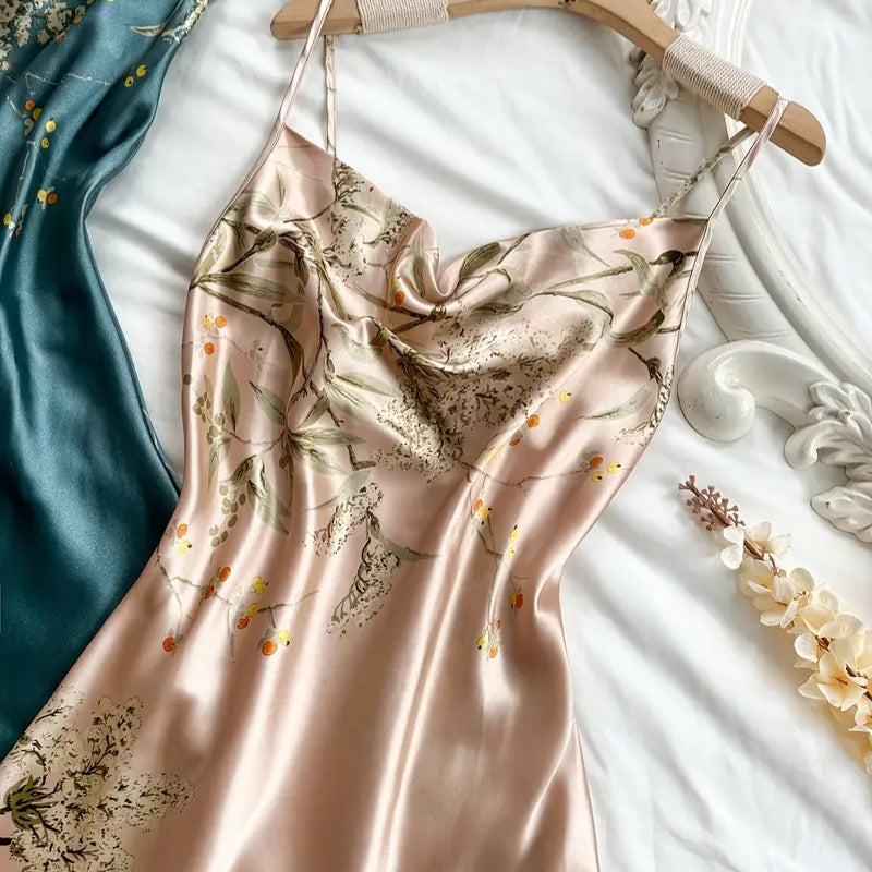 Flowing green floral nightdress for women, featuring a soft draped design & adjustable straps for ultimate comfort.