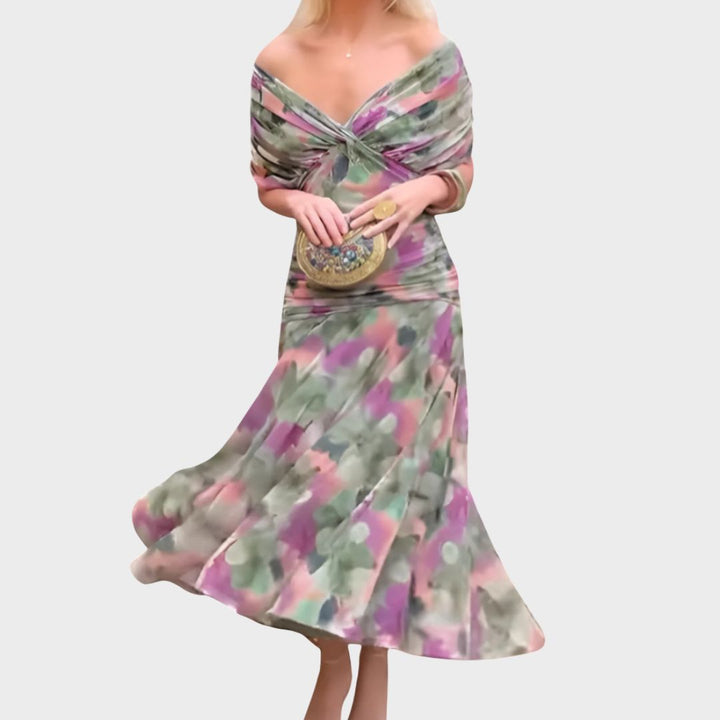 Elegant women's floral off-shoulder maxi dress, ideal for evening parties & special occasions.