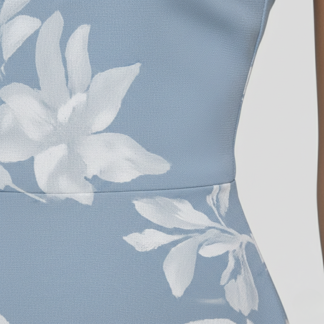 Green floral off-shoulder midi dress, a beautiful women's spring fashion or summer party dress.