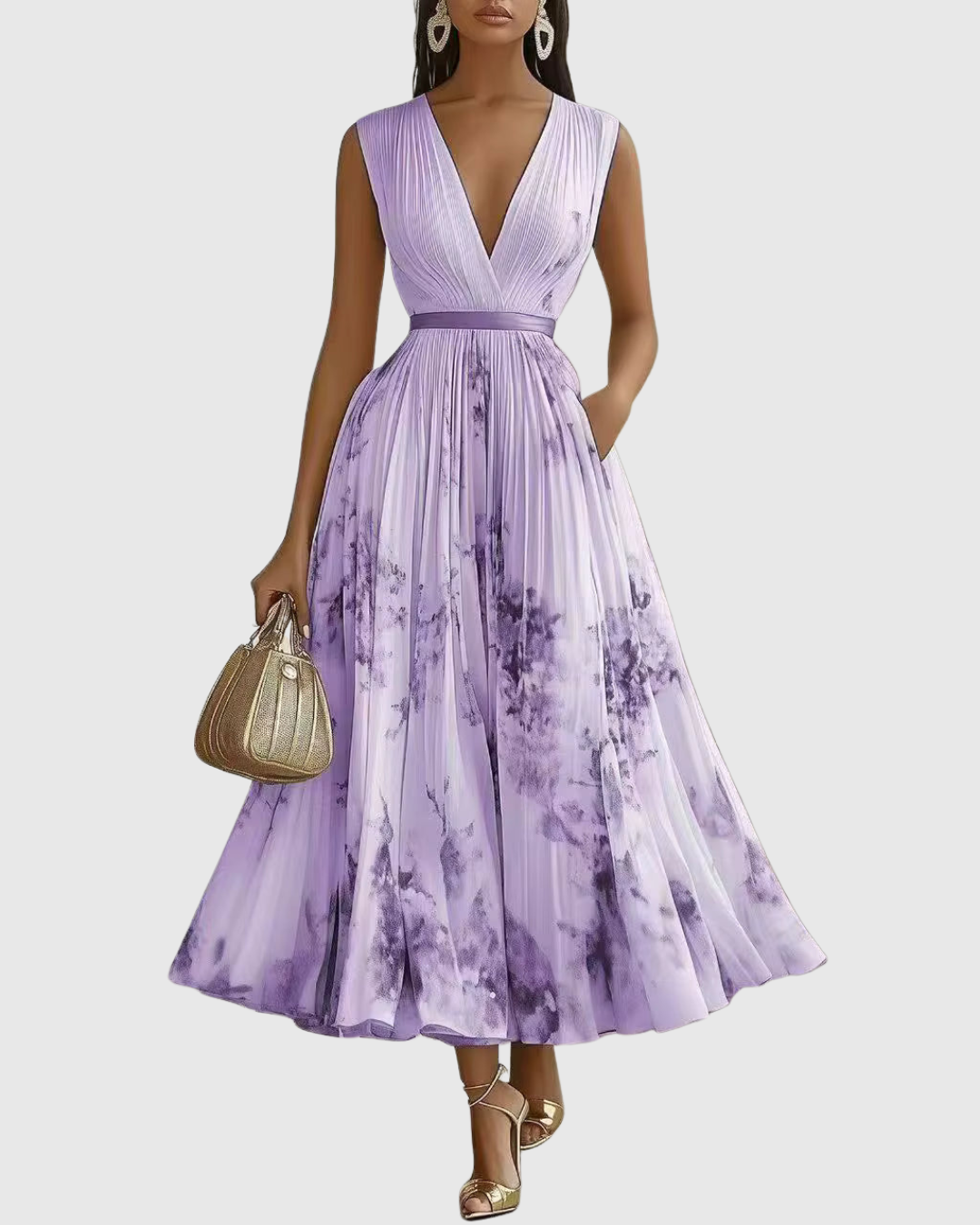 Fashionable women's floral pleated V-neck maxi dress, a chic choice for elegant events & summer parties.