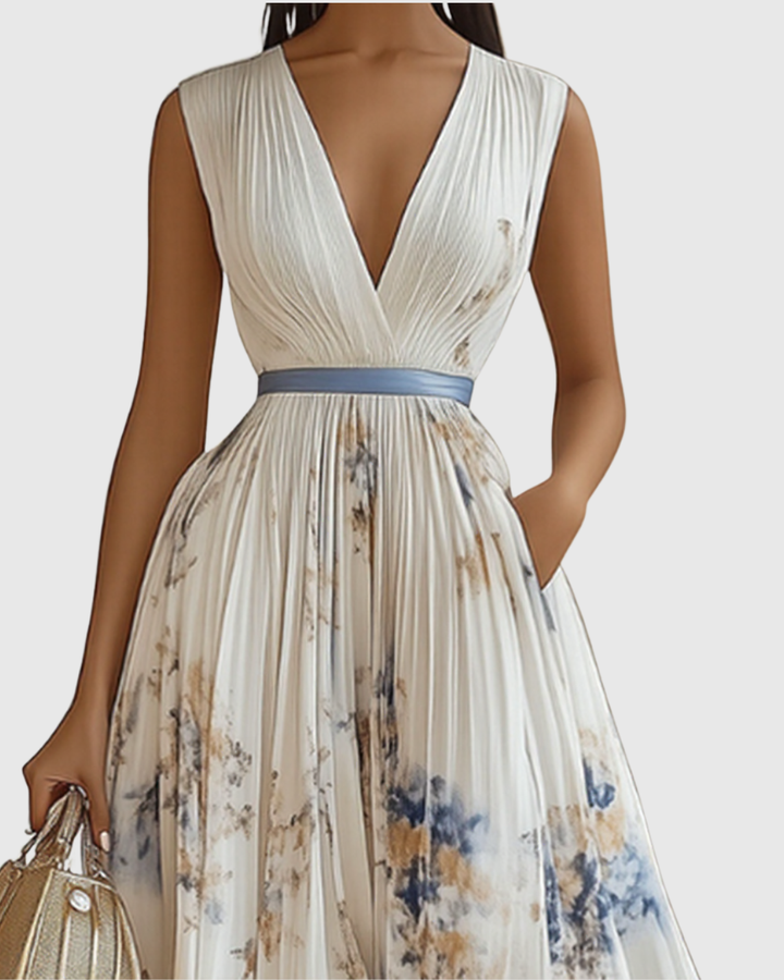 Women's long sleeve V-neck floral maxi dress with elegant pleats, ideal for chic spring/summer events.