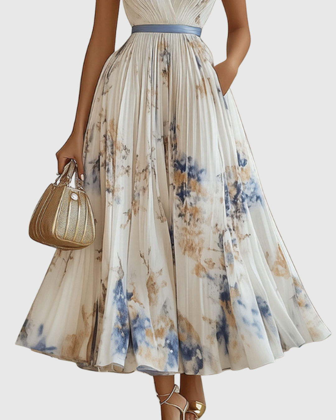 Chic pleated floral evening dress for women, a beautiful choice for special occasions & party wear.