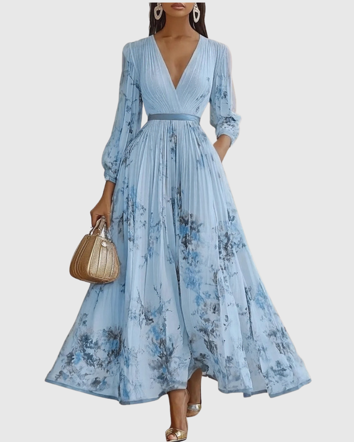 Sophisticated women's V-neck floral maxi dress with pleated skirt, perfect for chic events.