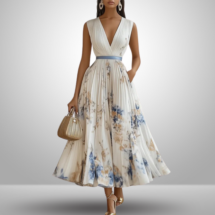 Elegant women's floral pleated midi dress, perfect for summer parties and special occasions.