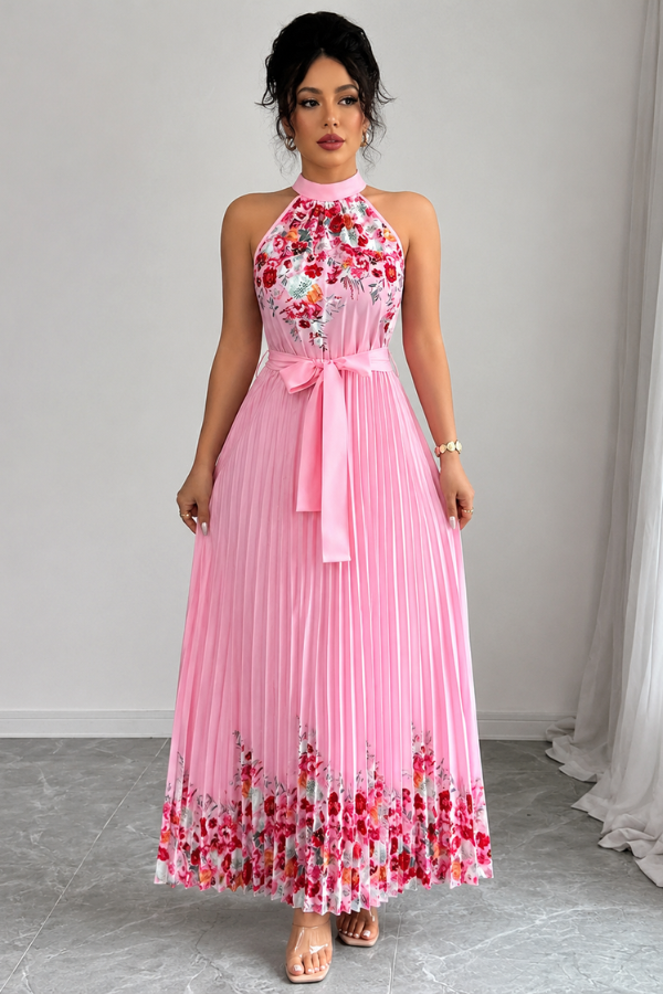 Elegant women's floral pleated midi dress with a stylish square neck, perfect for summer events.