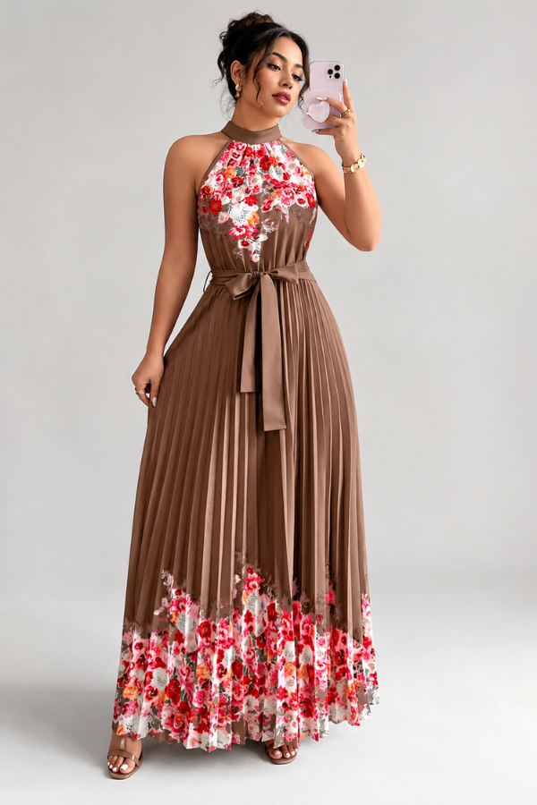 Feminine floral pleated midi dress with a square neckline, accessorized for an elegant evening event.