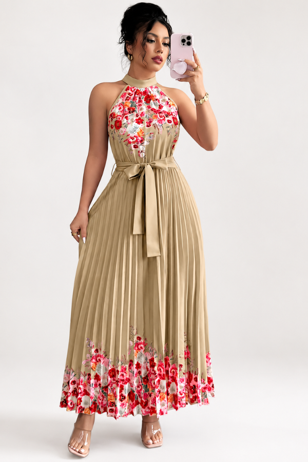 Vacation-ready floral pleated midi dress for women, featuring a trendy square neck and flowy design.