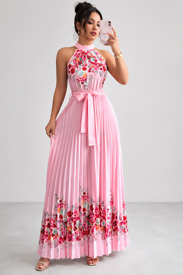 Chic square neck detail on a flowy floral midi dress for women, highlighting its elegant design.