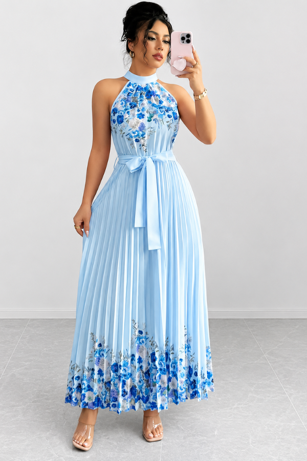 Beautifully pleated skirt of an elegant floral midi dress, designed with a feminine square neckline.