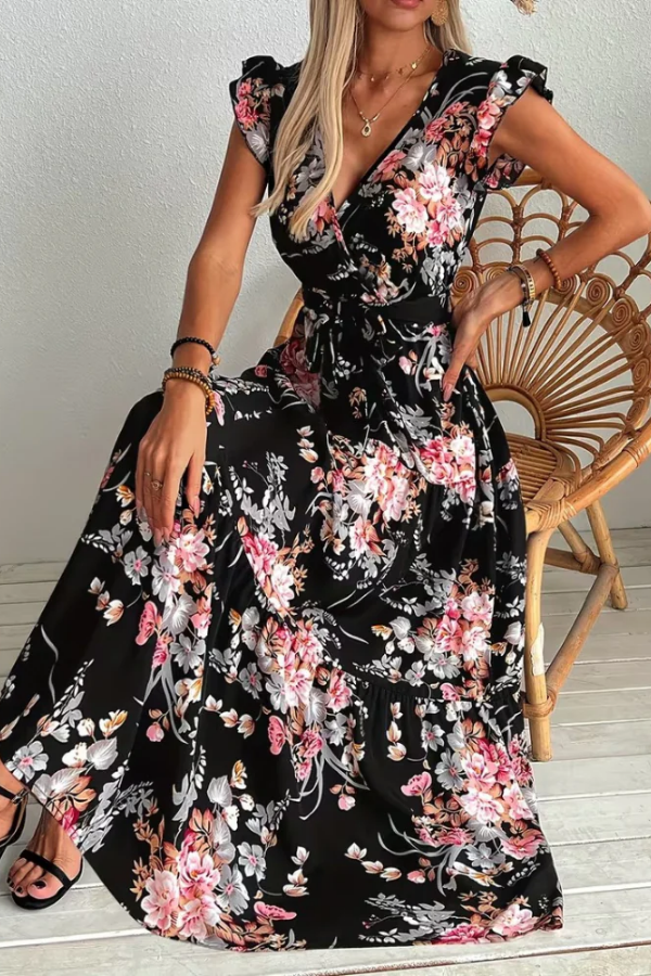 Elegant women's floral print maxi swing dress with belt. Perfect V-neck summer dress for parties or vacation.