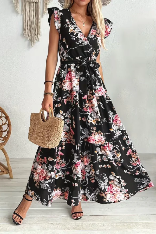 Stylish belted floral print swing dress for women. V-neck, ruffle sleeve summer dress; great for casual or party.