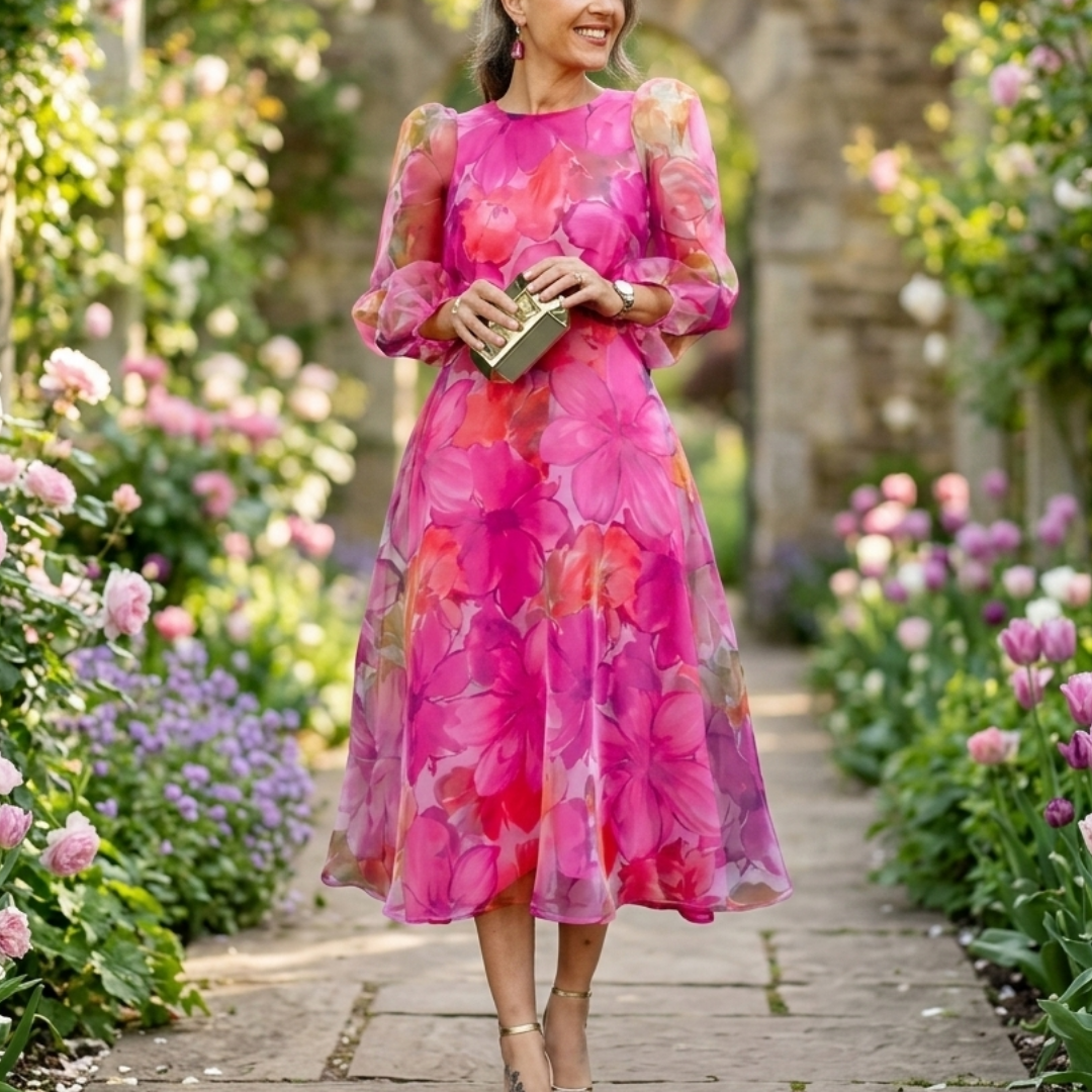 Elegant women's floral print midi dress in pink and blue, perfect for summer parties or wedding guests.