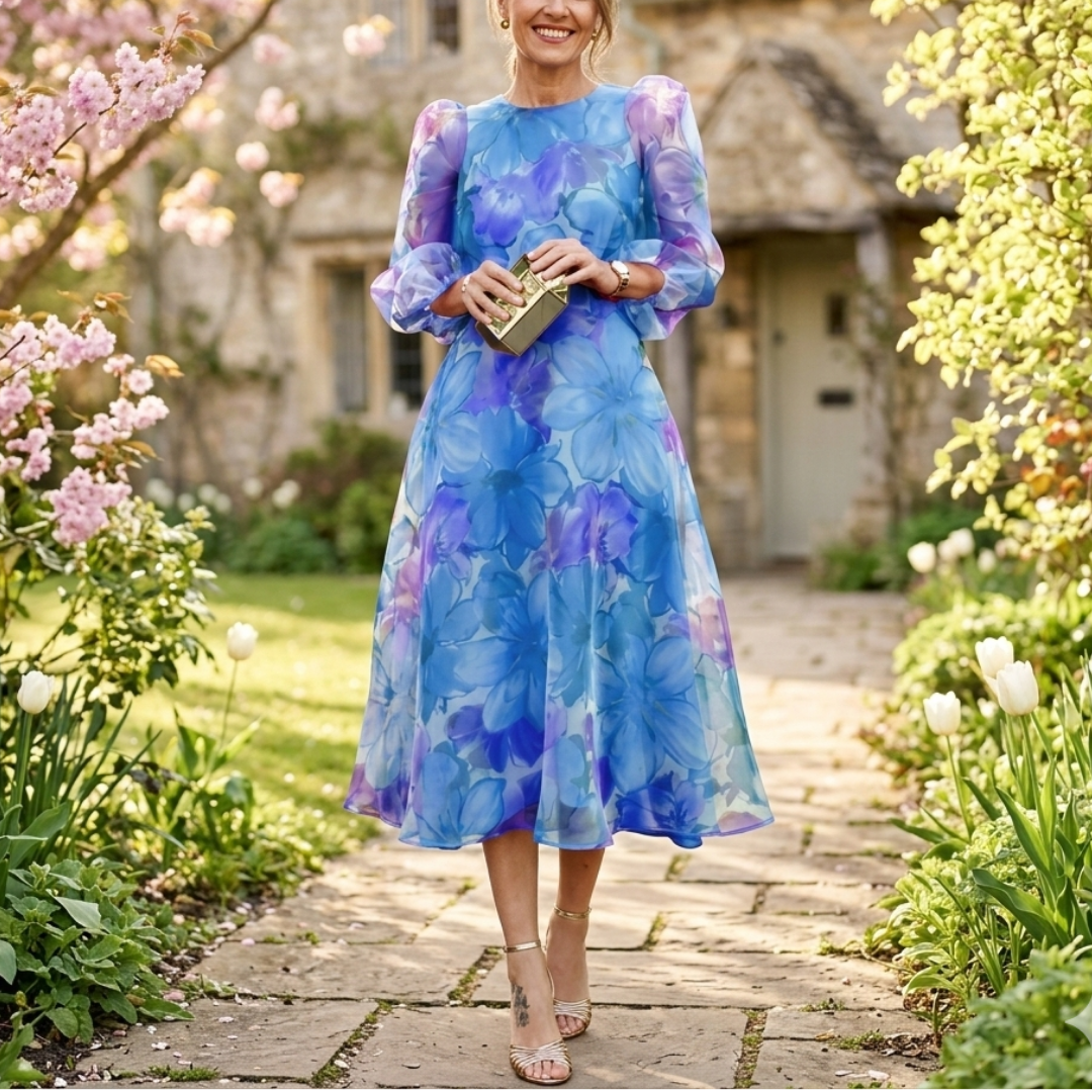 Close-up of a women's floral print midi dress fabric, showing vibrant pink and blue flowers, ideal for spring.
