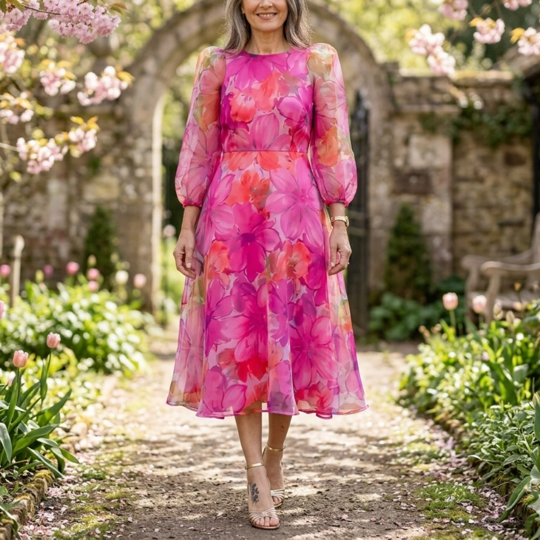 Chic women's floral midi dress styled for a spring garden party, featuring a vibrant pink and blue print.