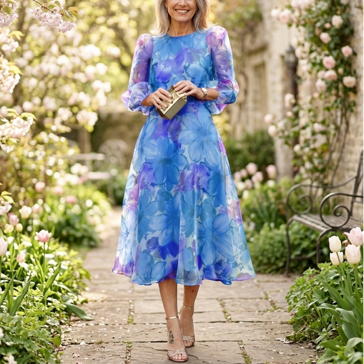 Versatile women's elegant floral print midi dress, a stunning pink and blue summer style for any special occasion.