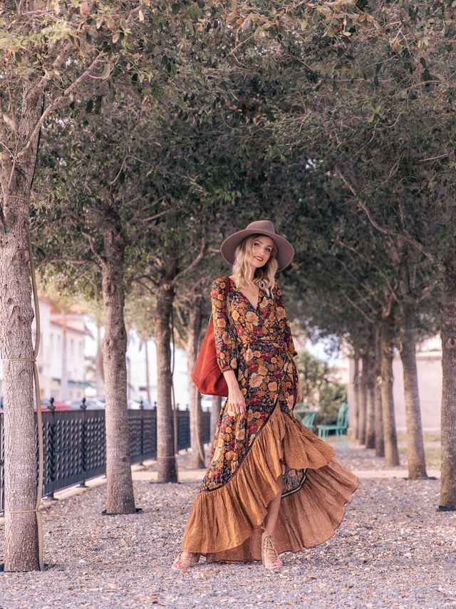 Women's Lily floral print midi dress. Flowy long sleeve design, perfect for spring fashion & summer casual.