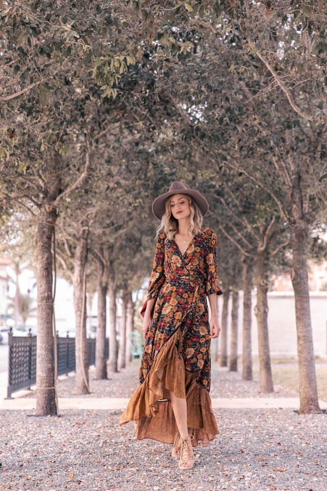 Women's long sleeve floral midi dress. Effortless style for spring, summer, and elegant casual occasions.