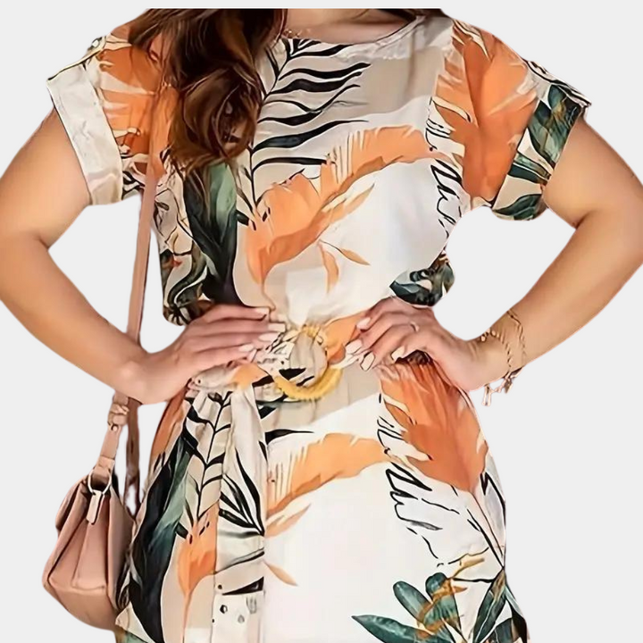 Women's summer floral midi dress made from stretch fabric, featuring a beautiful flower pattern and comfortable fit