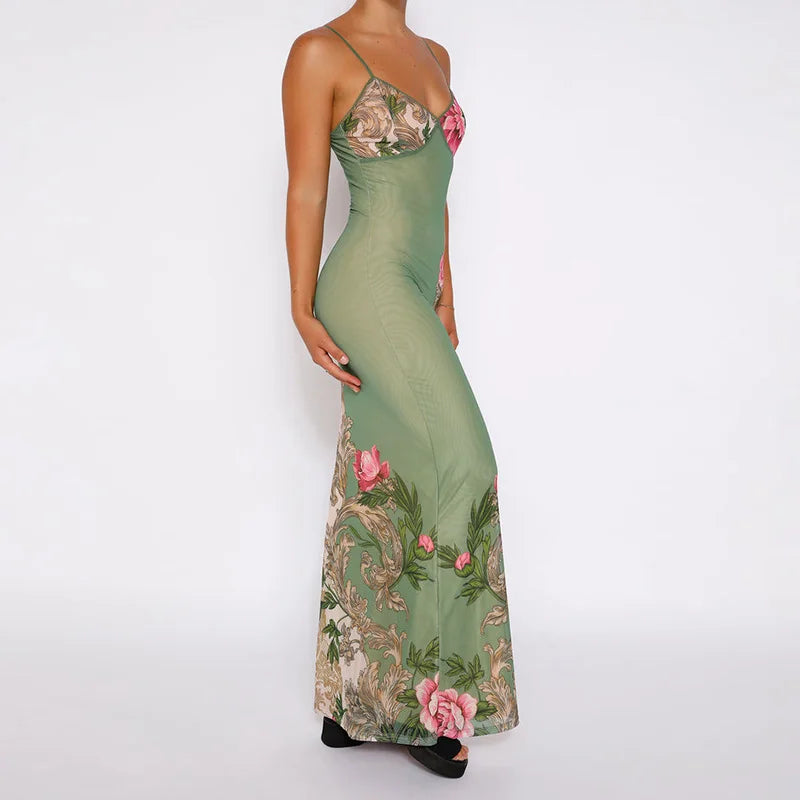Women's lightweight floral maxi dress with V-neck and spaghetti straps, ideal for elegant summer parties.