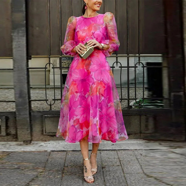 Elegant women's floral puff long sleeve midi dress. Perfect A-line formal evening gown for wedding guests & parties.