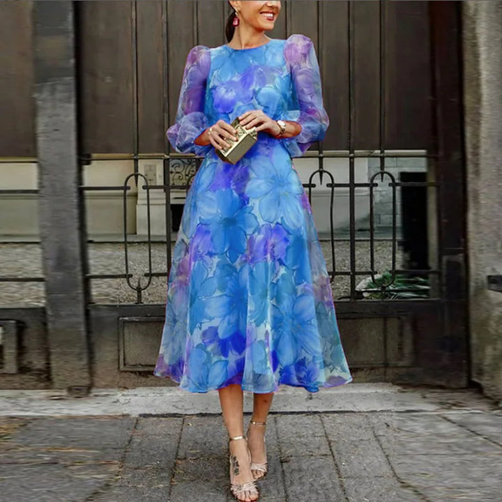 Stylish women's round neck floral midi dress with puff long sleeves. Ideal for formal events, parties & special occasions.