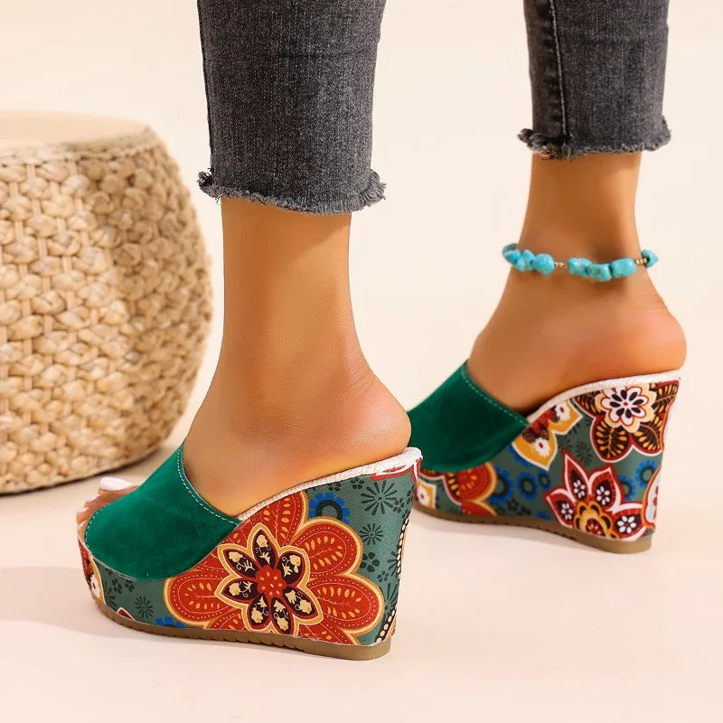 Chic slip-on floral wedge mules for women, offering both style and comfort for summer outfits.