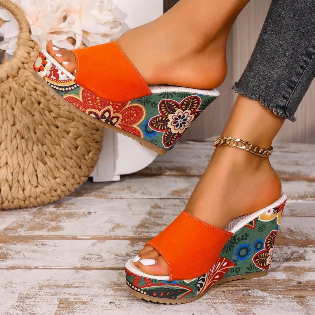 Casual chic floral print wedge sandals for women, a comfortable slip-on summer footwear option.