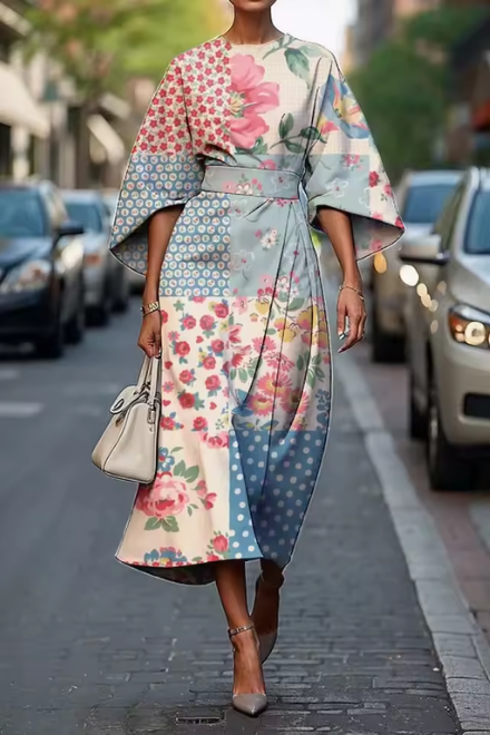 Comfortable, elegant floral print midi dress for women. Ideal flowy summer dress for parties & occasions.