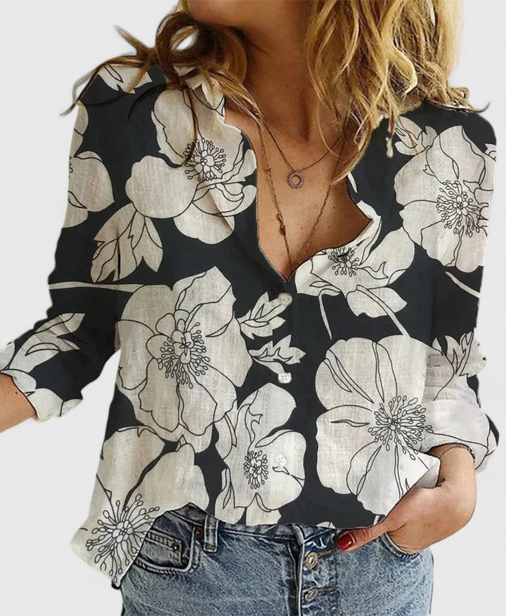 Elegant women's floral V-neck long sleeve blouse, perfect for work or casual chic style.