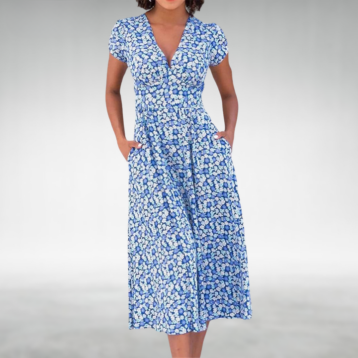 Elegant women's floral V-neck midi dress with short sleeves, perfect for summer or spring fashion.