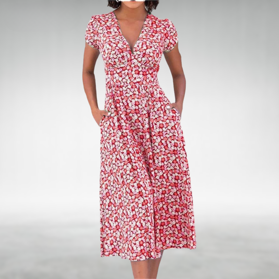 Versatile women's floral printed midi dress, a stylish V-neck casual daytime dress for spring/summer.