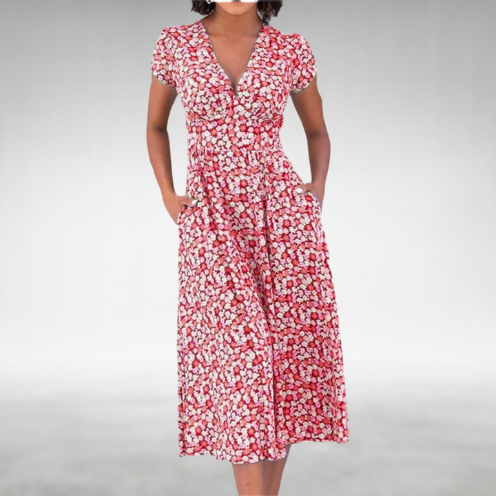 Versatile women's floral printed midi dress, a stylish V-neck casual daytime dress for spring/summer.