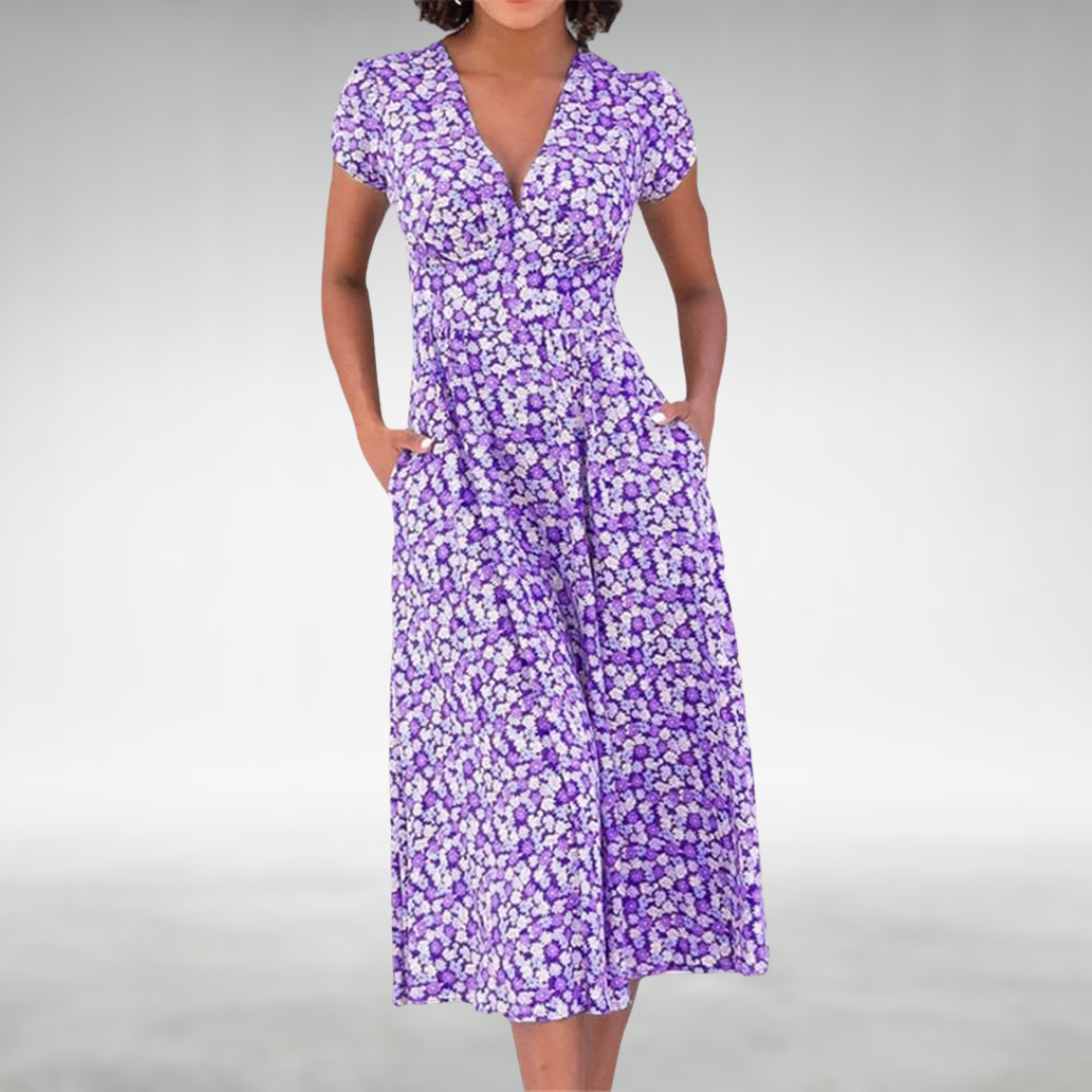 Chic women's short sleeve floral V-neck midi dress, ideal for effortless spring and summer styling.