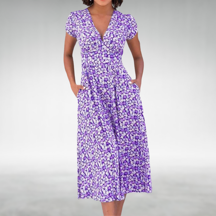 Chic women's short sleeve floral V-neck midi dress, ideal for effortless spring and summer styling.