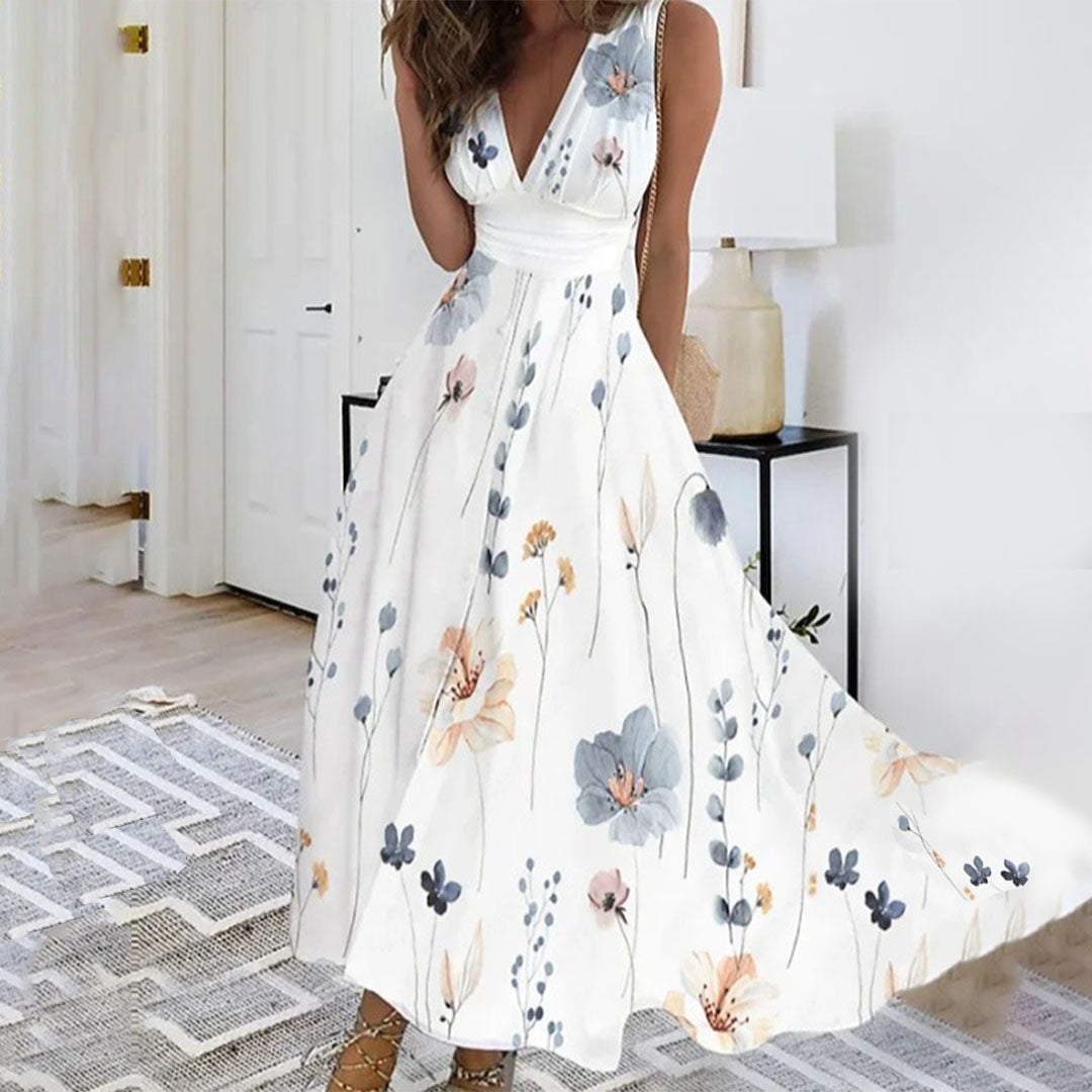 Stylish sleeveless V-neck floral maxi dress for women, suitable for elegant occasions & summer fashion.