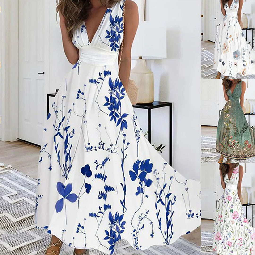 Women's elegant floral print maxi dress featuring a V-neck and sleeveless design. Perfect summer party wear.