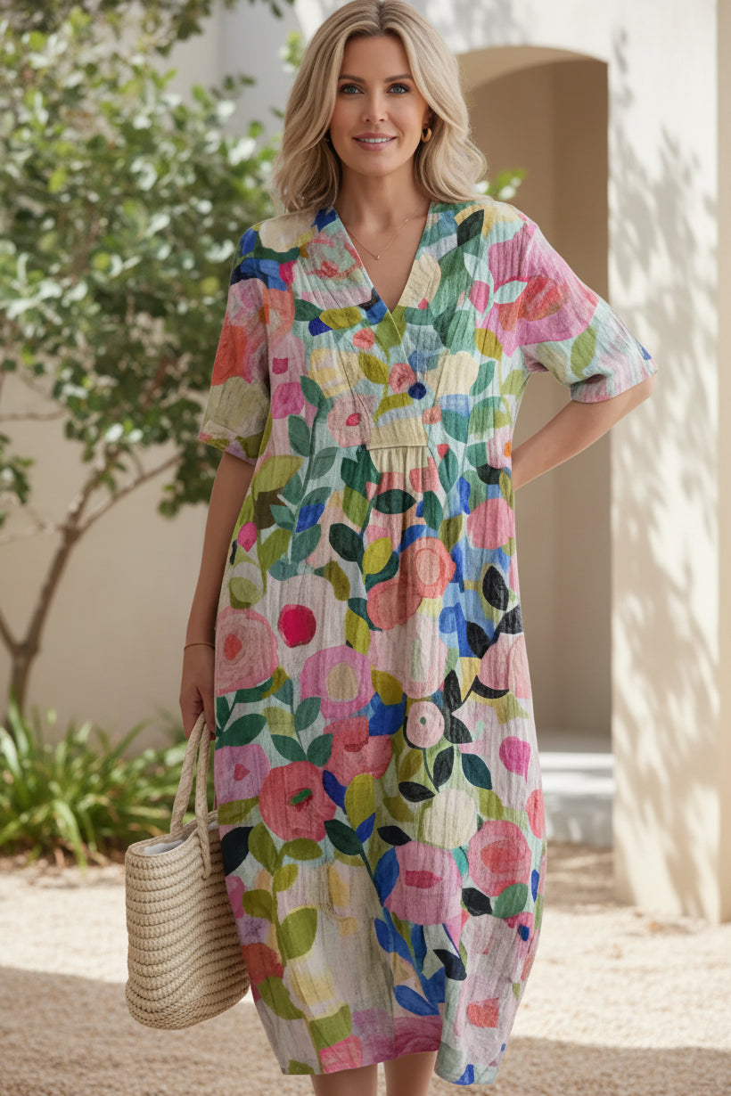 Elegant women's floral V-neck summer dress with short sleeves, perfect for vacation or casual wear.