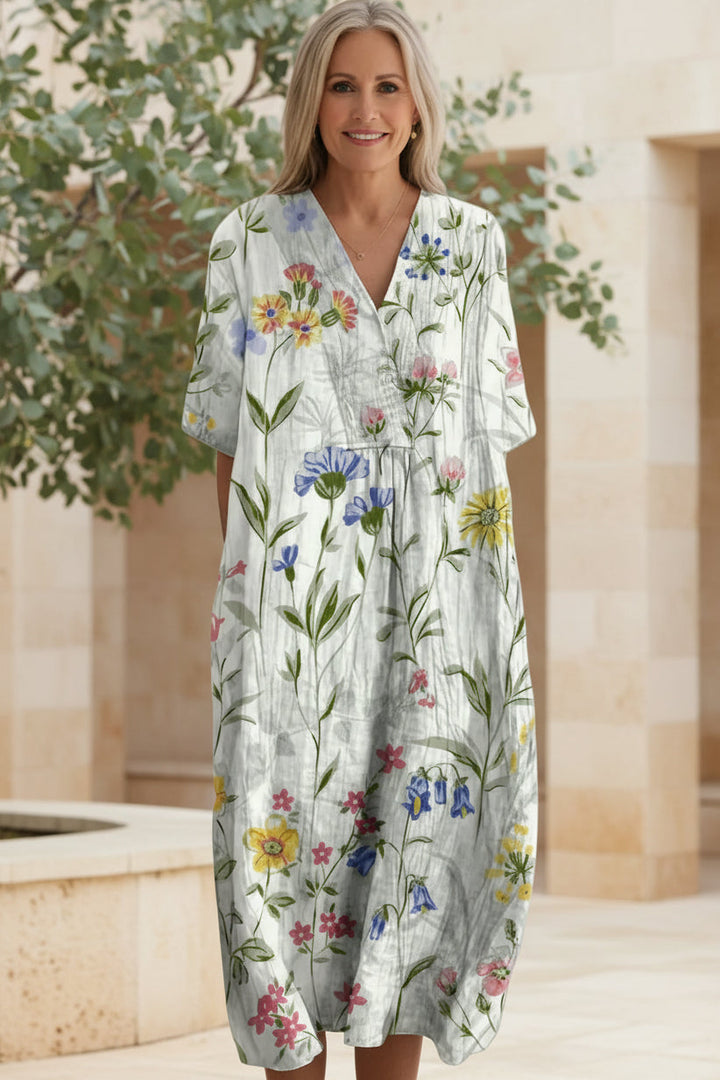 Boho chic floral print summer dress for women, featuring a flattering V-neck and short sleeves.